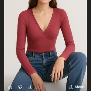 Abercrombie and Fitch Long-Sleeve V-Neck Sweater Thong Bodysuit In Salmon Pink